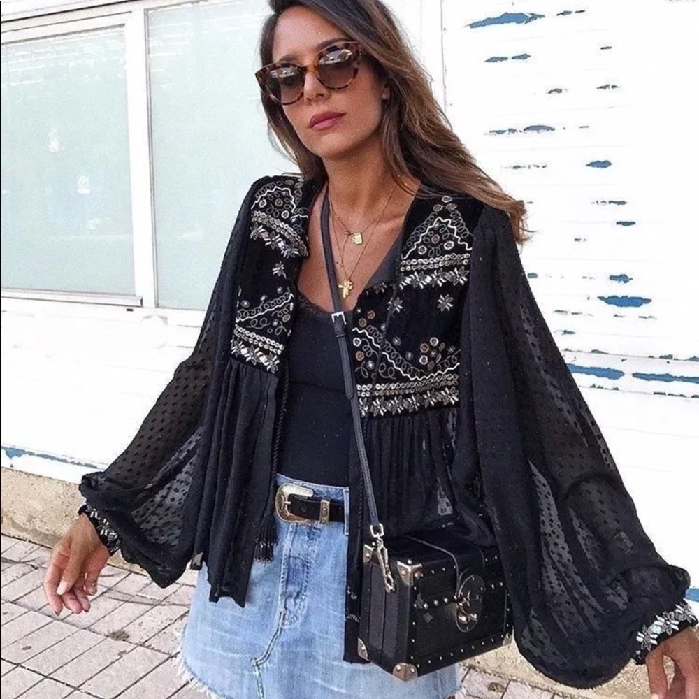 Zara dotted mesh jacket w/embroidery & beading NWT